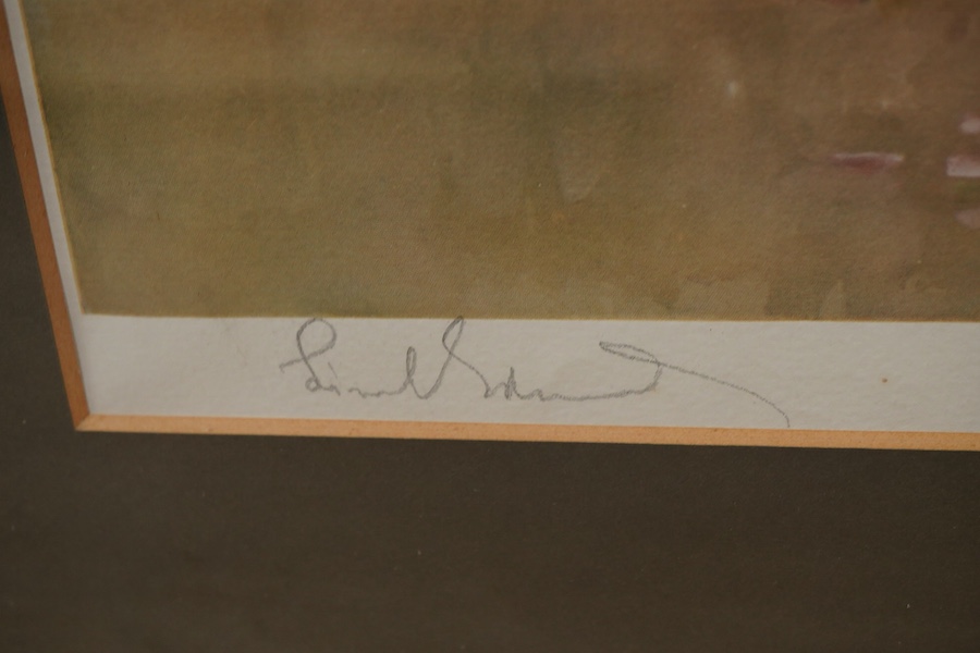 After Lionel Dalhousie Edwards (1878-1966), comprising 'Exercising on the Newmarket Downs’ and ‘The Berkeley Hunt’, each signed in pencil, labels verso, pair of coloured racing prints, 26 x 36cm